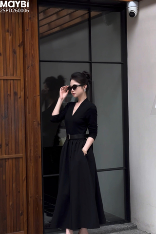 Đầm nhún xòe cổ V dài tay dáng midi