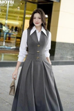 Set áo sơ mi phối đầm xòe dáng midi