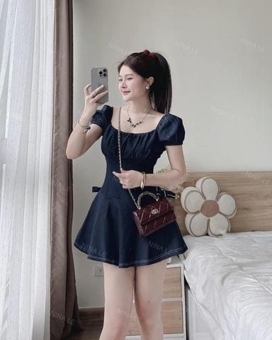 Đầm jean xòe nhún ngực dáng mini