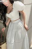 Set áo kiểu chân váy xòe phối ren dáng maxi trắng