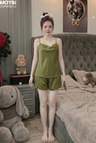 Bộ pyjama hai dây ngắn chất lụa satin cao cấp màu xanh lá phối