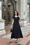 Đầm thun ôm đen cổ phối trắng tay ngắn dáng midi
