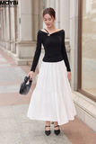 Chân váy xòe nhún tầng midi cotton