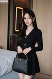 Đầm xòe dài tay gài nút cổ V dáng mini