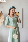 Áo dài ôm lụa xanh mint phối cổ ren trắng