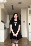 Đầm xòe ngắn tay phối nơ dáng mini