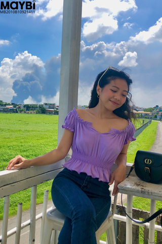 Áo croptop ôm thun cotton tím không vai phối nơ