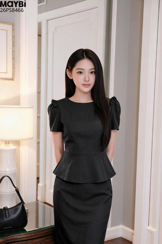 Set Công Sở Xám Áo Peplum Chân Váy Bút Chì Camille