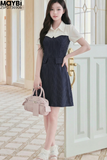 Đầm xòe sọc phối trắng ngắn tay dáng midi