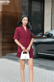 Set áo blazer chân váy xếp ly đỏ