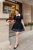 Đầm xòe cổ sơ mi tùng phối đính đá dáng mini