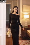 Đầm ôm lệch vai dài tay dáng midi