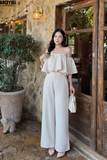 Set áo trễ vai nhún bèo và quần culottes ống rộng kem