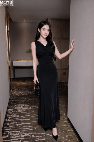Đầm cổ đổ dáng maxi