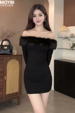 Đầm thun ôm trễ vai phối lông dáng mini