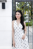 Đầm xòe midi chấm bi lớn cổ V