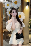 Jumpsuit bẹt vai phối bèo dáng mini