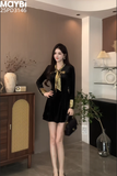 Đầm xòe dài tay cổ thắt nơ dáng mini