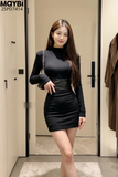 Đầm ôm eo phối da dài tay dáng mini