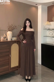 Đầm thun ôm trễ vai dài tay dáng maxi