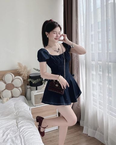 Đầm jean xòe nhún ngực dáng mini