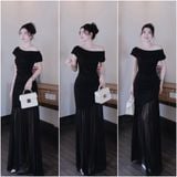Đầm lệch vai nhún kiểu dáng maxi