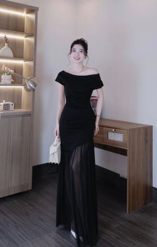 Đầm lệch vai nhún kiểu dáng maxi