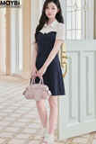 Đầm xòe sọc phối trắng ngắn tay dáng midi
