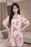 Bộ pyjama ngắn suông ngắn tay cotton họa tiết gấu dâu losta
