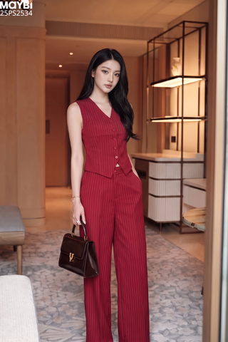 Set vest áo gile quần dài sọc