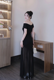 Đầm lệch vai nhún kiểu dáng maxi