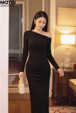 Đầm ôm lệch vai dài tay dáng midi