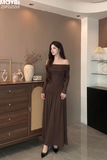 Đầm thun ôm trễ vai dài tay dáng maxi