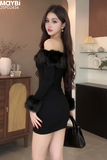 Đầm thun ôm trễ vai phối lông dáng mini