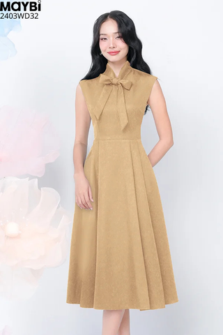 Đầm midi cotton lạnh thắt nơ cổ