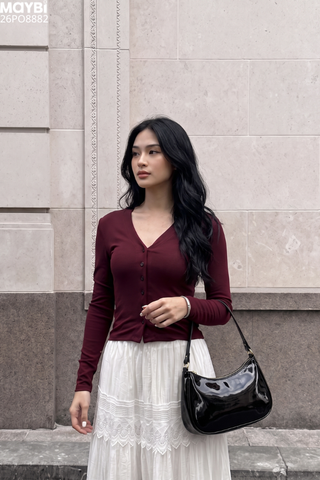 Áo Cardigan Thun Gân Tay Dài Cổ V Cài Cúc