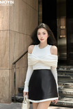 Set áo thun kiểu bẹt vai tay dài phối chân váy A dáng mini