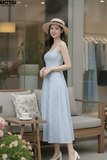 Đầm xòe sọc xanh in nơ hai dây dáng midi
