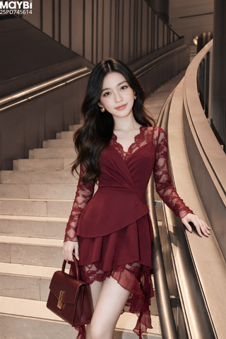 Đầm xòe dài tay phối ren