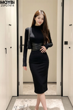 Đầm ôm eo phối da dài tay dáng mini