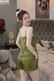 Bộ pyjama hai dây ngắn chất lụa satin cao cấp màu xanh lá phối