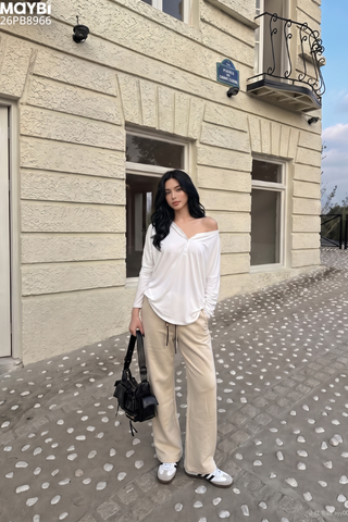 Quần nỉ da cá dáng suông đính dây rút