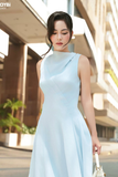 Đầm xòe tơ gân xanh xếp chéo ly dáng midi