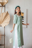 Áo dài ôm lụa xanh mint phối cổ ren trắng