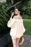 Set áo bẹt vai tằm ánh và quần short tafta Serena