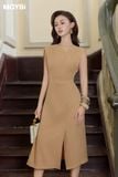 Đầm midi ôm cotton lạnh cổ xéo không tay