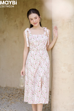 Đầm midi suông lụa cotton in hoa xẻ tà