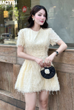 Đầm xòe mini thêu lưới tua rua ngắn tay