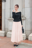 Chân váy xòe nhún tầng midi cotton