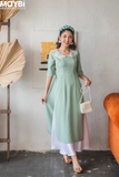 Áo dài ôm lụa xanh mint phối cổ ren trắng
